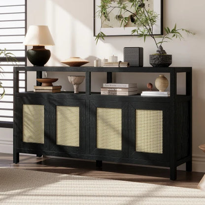 Black Solid Wood Rattan Buffet - Bohemian Style 3-Adjustable Shelves No-Handle Push-to-Open Storage Cabinet