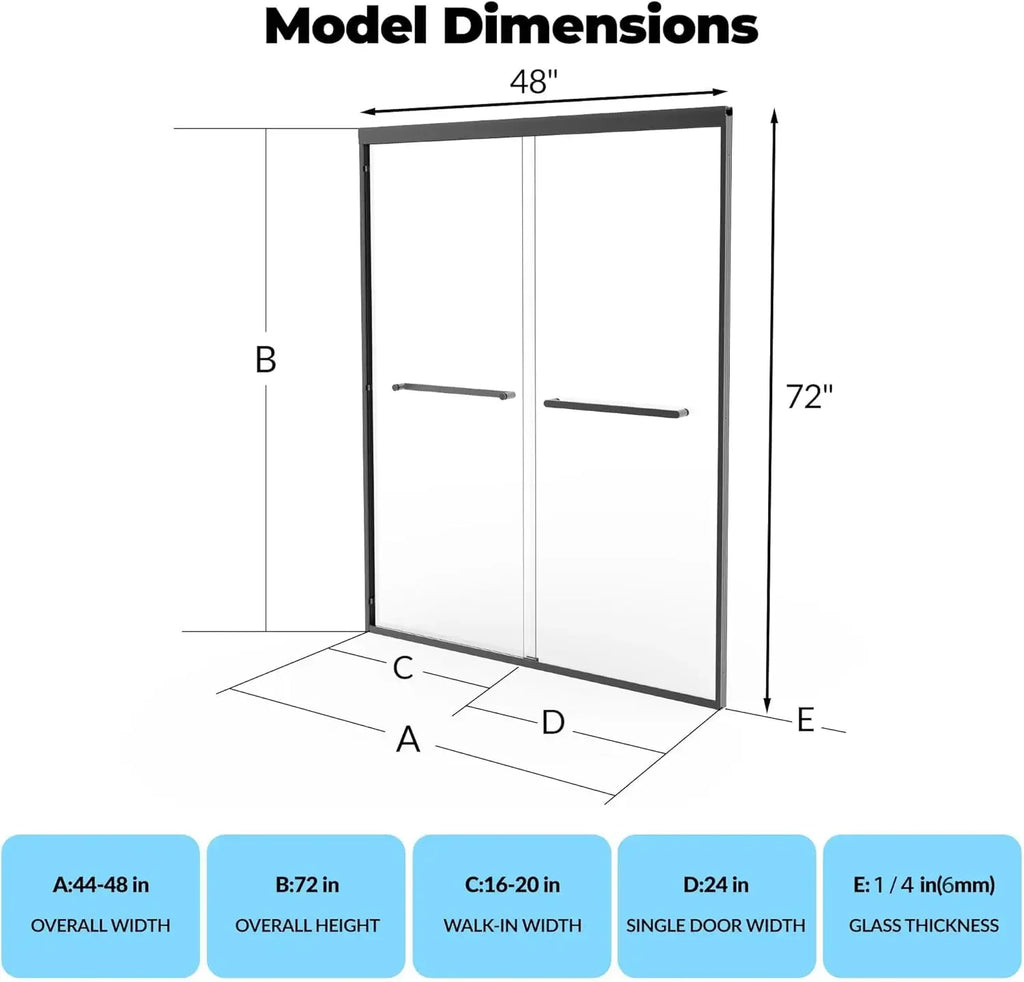 Sliding Aluminum Shower Door - 44"-48" Adjustable Width x 72" Height