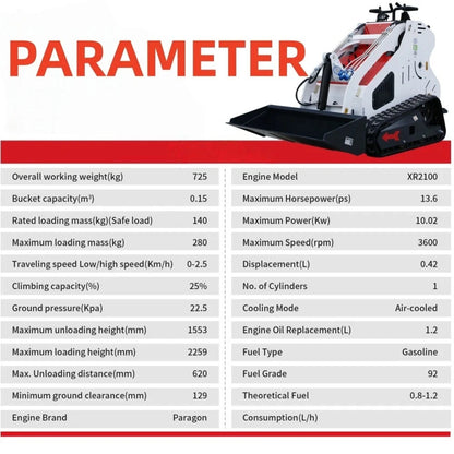 Electric Start Skid Steer Loader Crawler with 14HP Hydraulic System