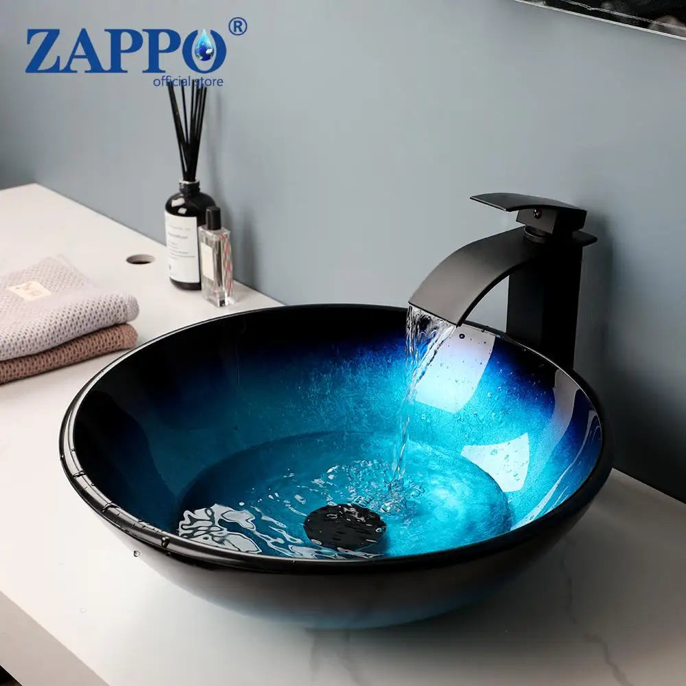 Tempered Glass Bathroom Sink with Waterfall & Black Faucet