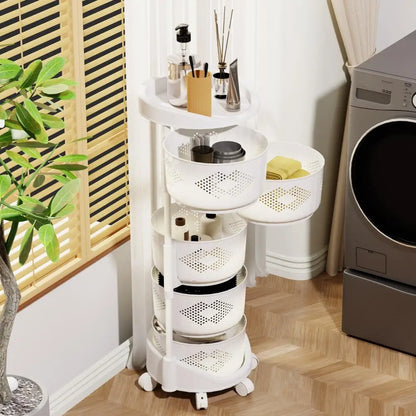 Kitchen Storage Rack with 5 Tier Circular Rotating Basket for Fruits &amp; Vegetables with 360 Degree Wheels