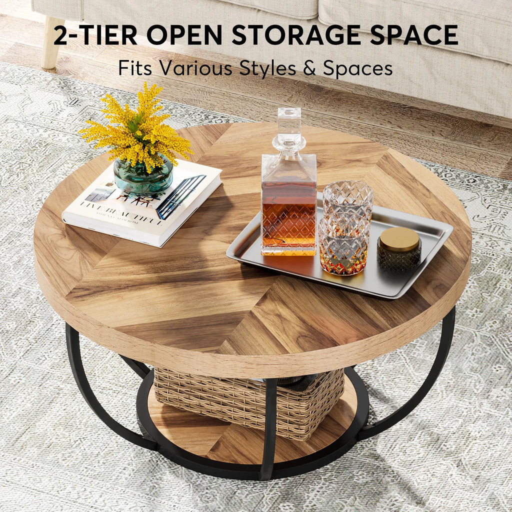 Round 2-Tier Coffee Table with Storage Shelves