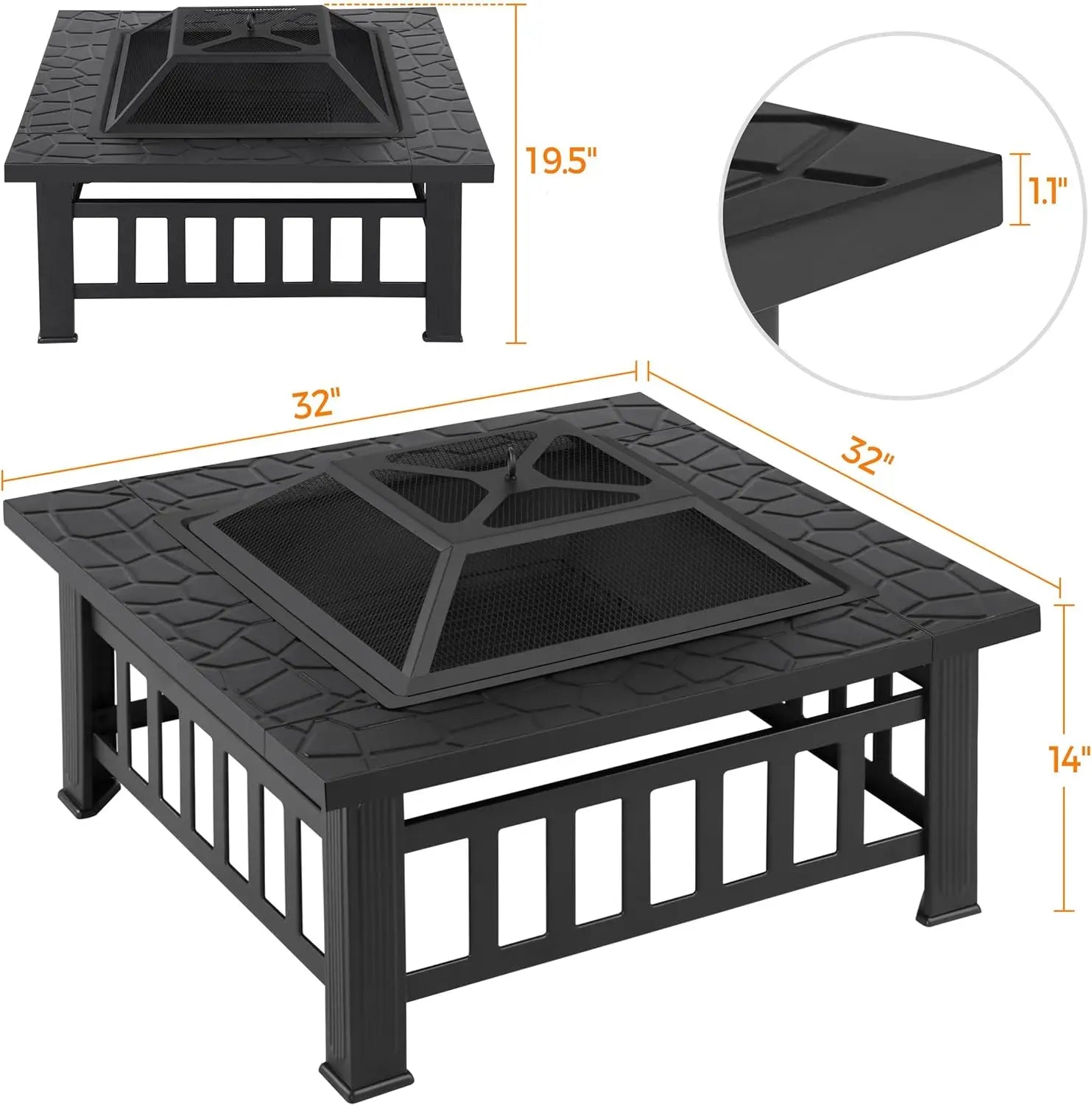 32" Square Multi-functional Metal Firepit/Cooler Table