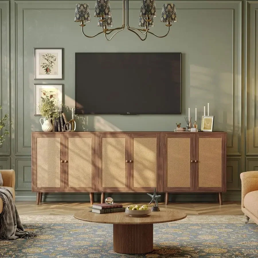 Buffet Cabinet with Storage, Rattan Decor Doors, Accent with Solid Wood Feet, Sideboard for Hall