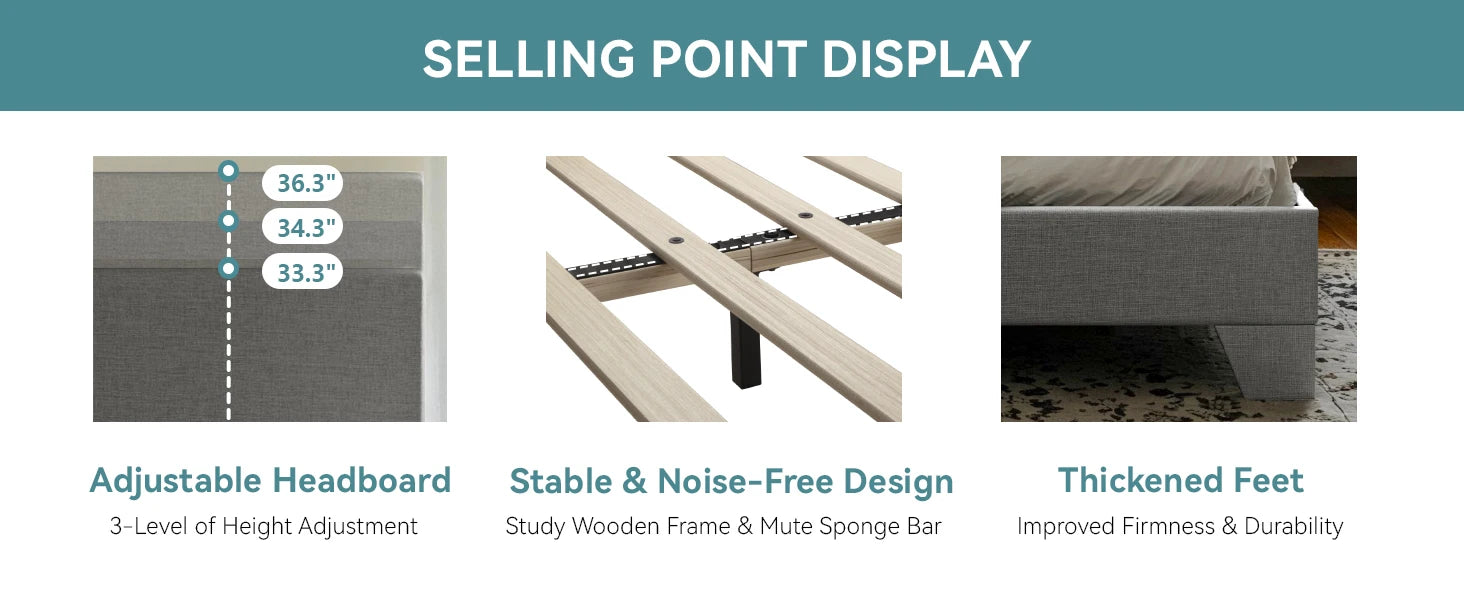 Bed Frame with Adjustable Headboard, Soft Linen Fabric, Strong Supporting Structure