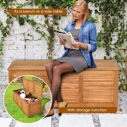 Acacia wood outdoor storage bench with 46 gallon capacity for patio furniture cushions and garden accessories"