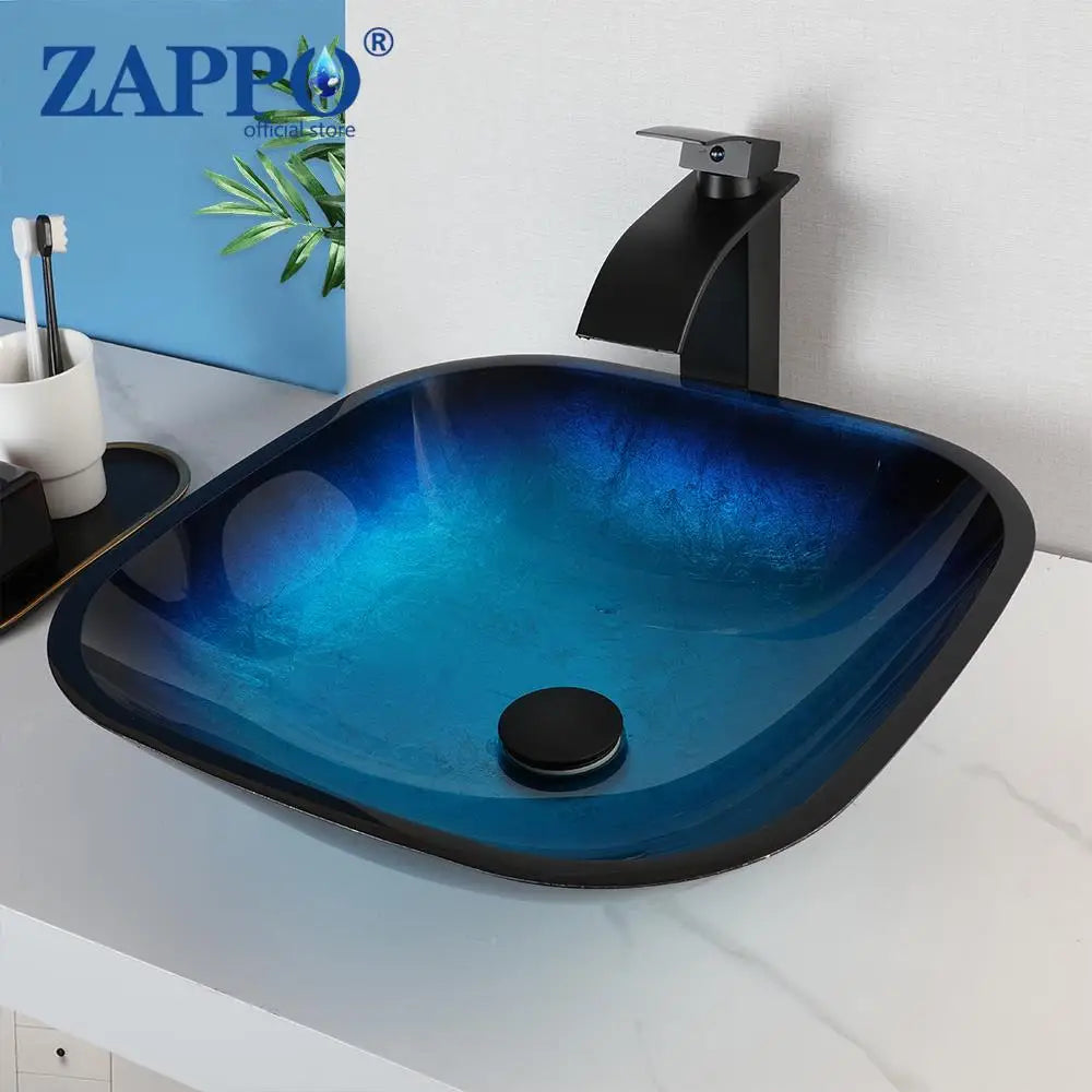 Tempered Glass Bathroom Sink with Waterfall & Black Faucet