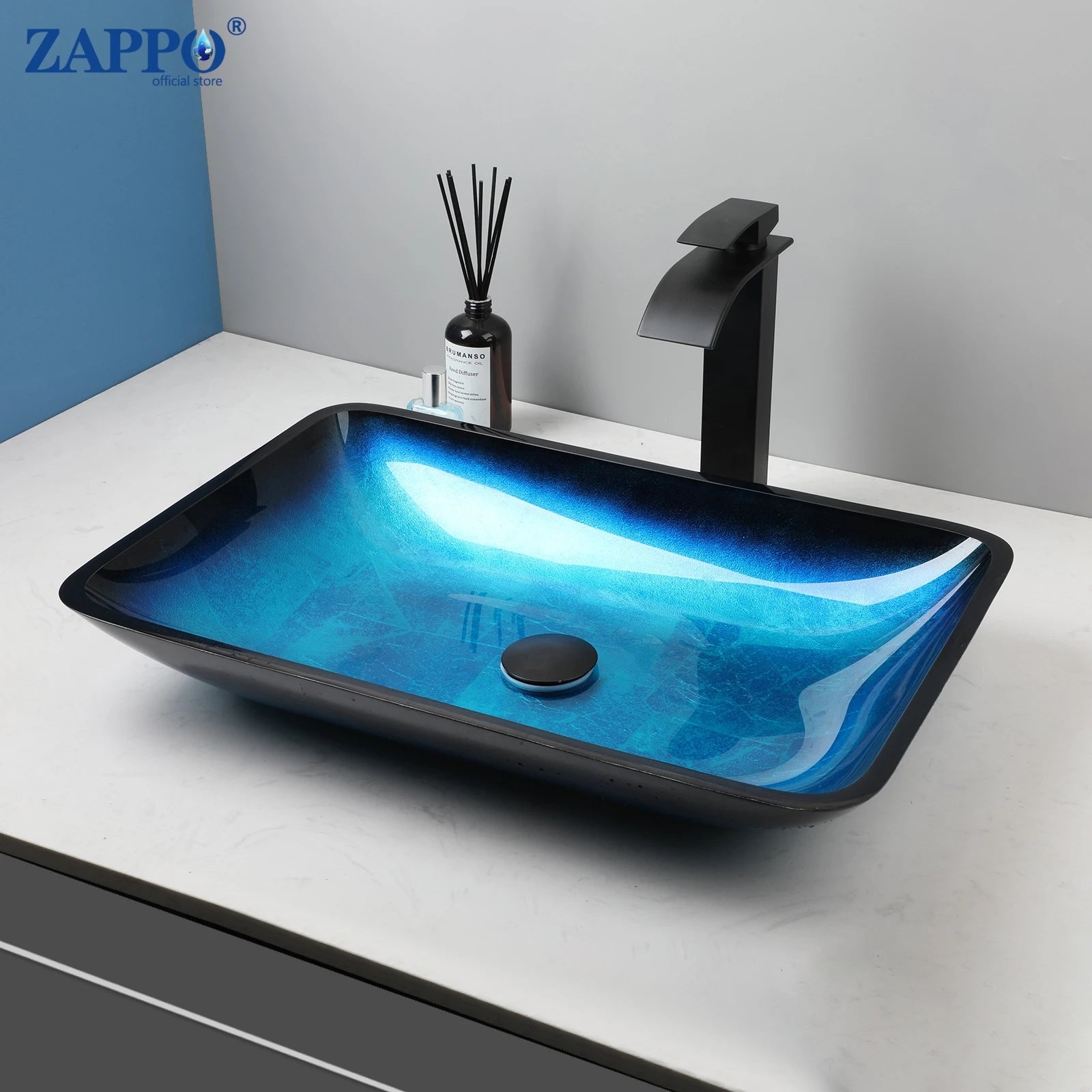 Tempered Glass Bathroom Sink with Waterfall & Black Faucet