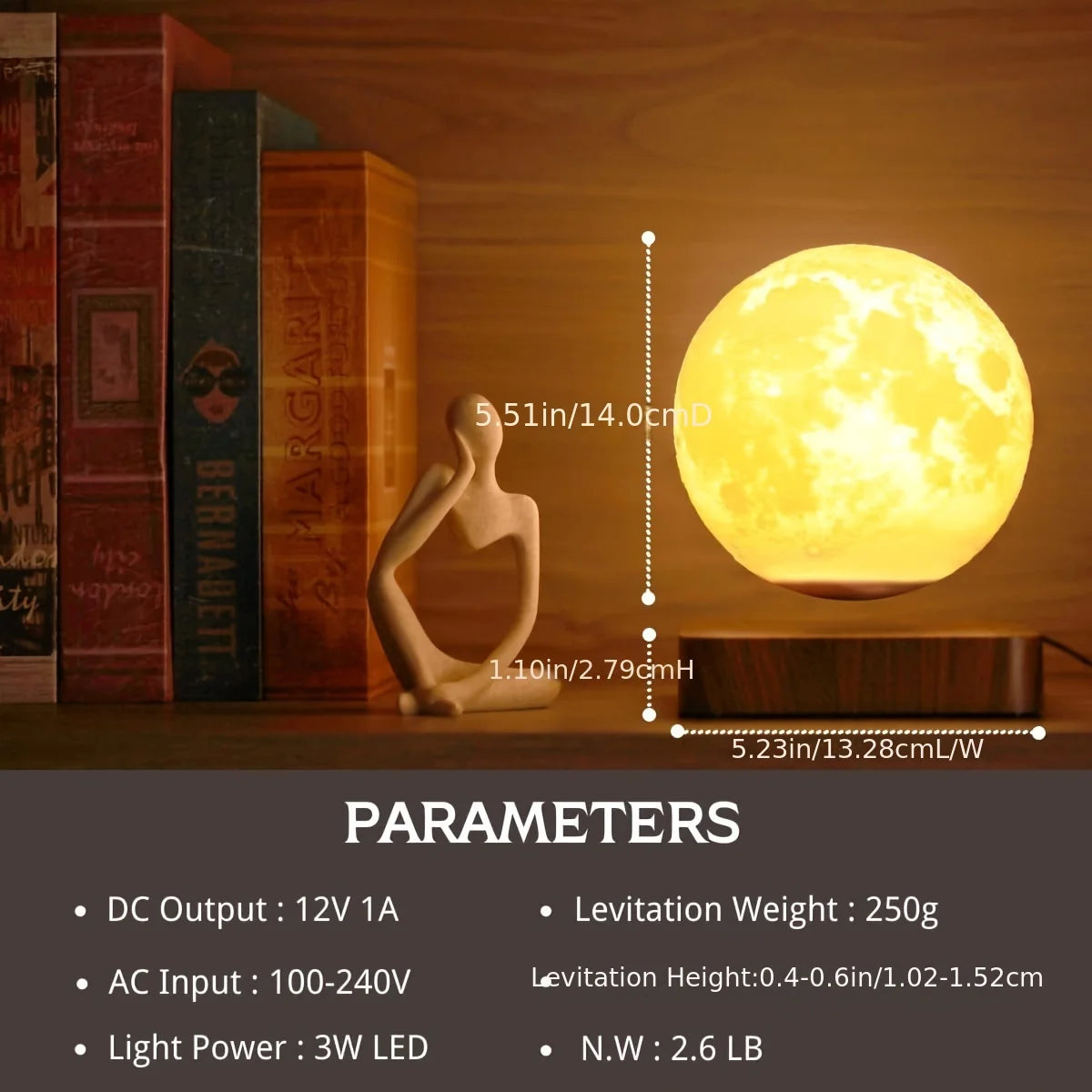 Magnetic Floating Rotating Moon Lamp with Wooden Base - 3 Color LED Night Light
