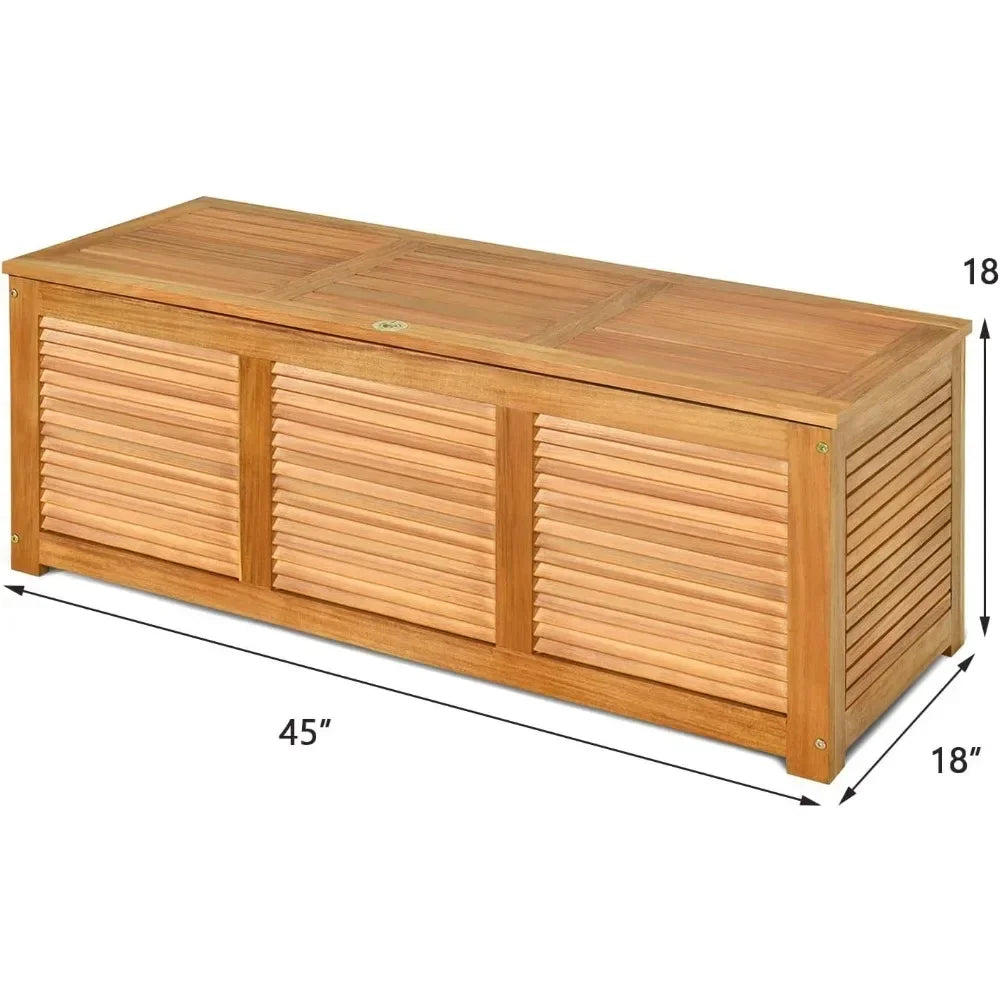Acacia wood outdoor storage bench with 46 gallon capacity for patio furniture cushions and garden accessories"