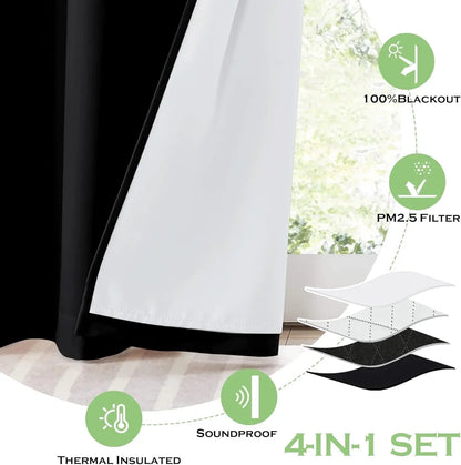 4-in-1 Soundproof Anti Dust 100% Blackout Curtains with Melt-Blown Layer -Thermal Insulating Window Drapes