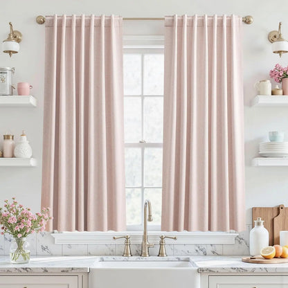 100% Blackout Curtains for Living Room - Darkening Rod Pocket - Pink Linen - 48 Inch Long 2 Panels