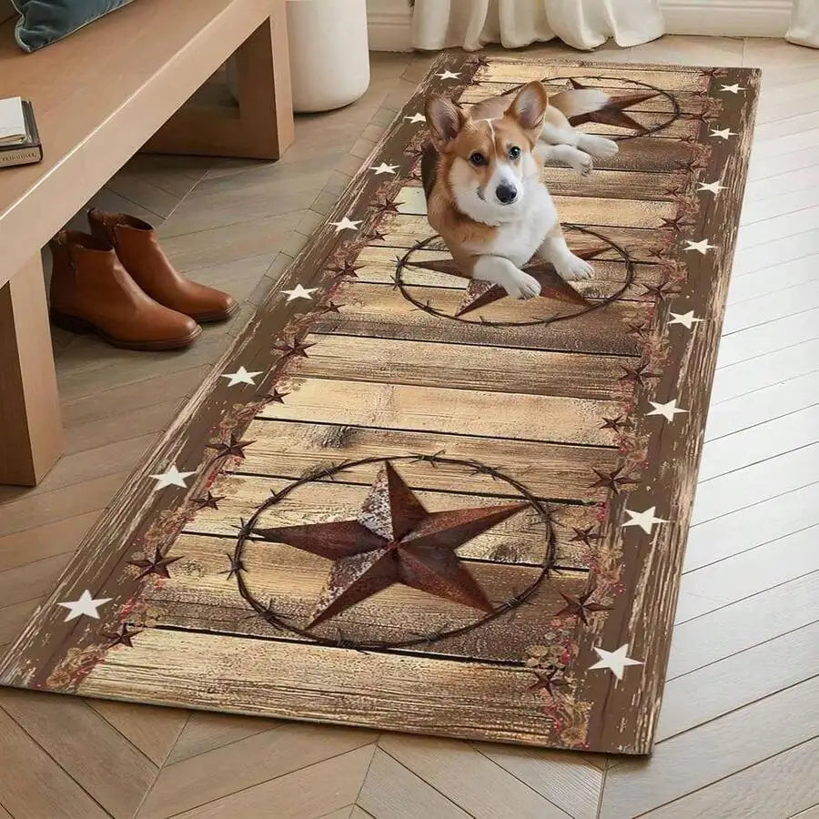 2 Sizes - Rustic Farmhouse Runner - Non-Slip With Beige Design &amp; Western Star Pattern