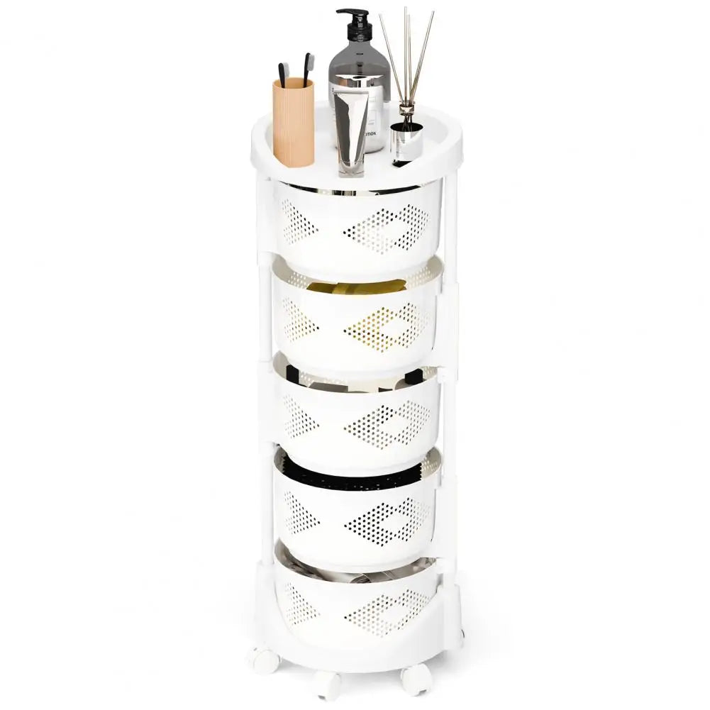 Kitchen Storage Rack with 5 Tier Circular Rotating Basket for Fruits &amp; Vegetables with 360 Degree Wheels