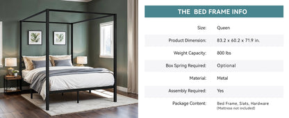 4-Poster Canopy Bed Frame with 3-Metal Crossbars - No Box Spring Needed