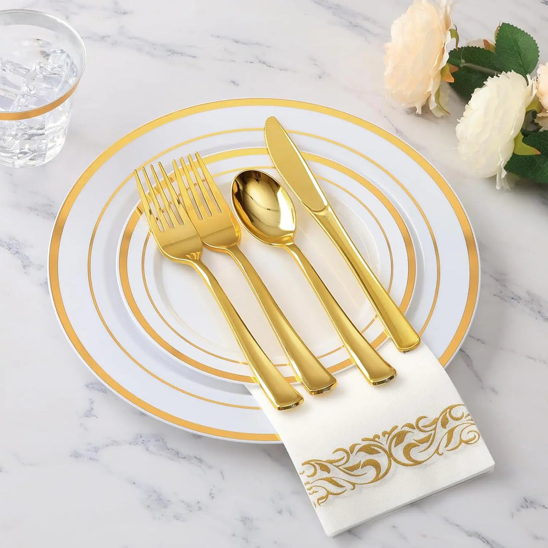 700-Piece Disposable Gold Dinnerware Set for 100 Guests