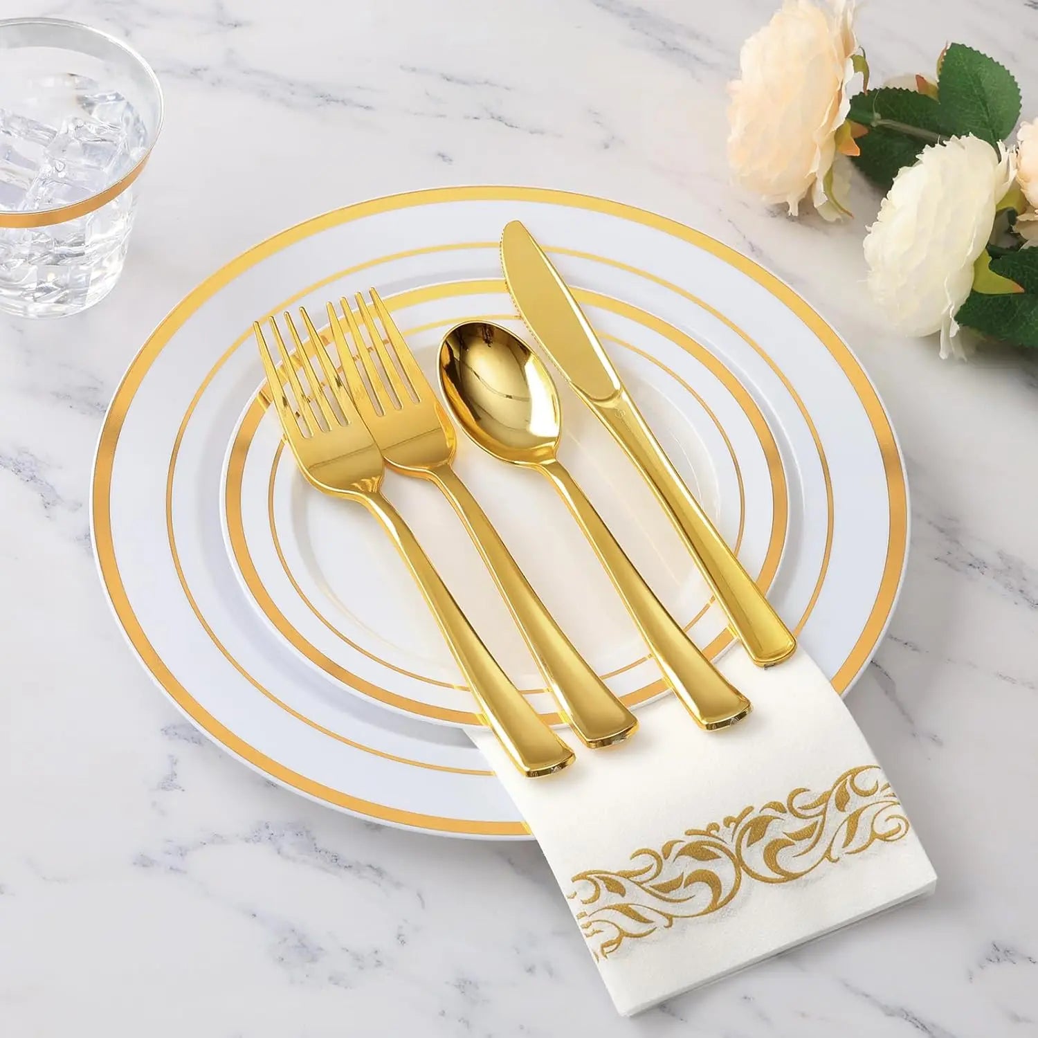 700-Piece Disposable Gold Dinnerware Set for 100 Guests