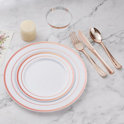 600 piece Plastic Dinnerware Set (100 Guests), Rose Gold Disposable Plates for Party, Wedding, Christmas, Anniversary