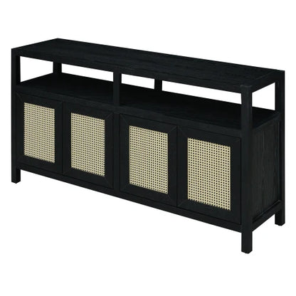 Black Solid Wood Rattan Buffet - Bohemian Style 3-Adjustable Shelves No-Handle Push-to-Open Storage Cabinet