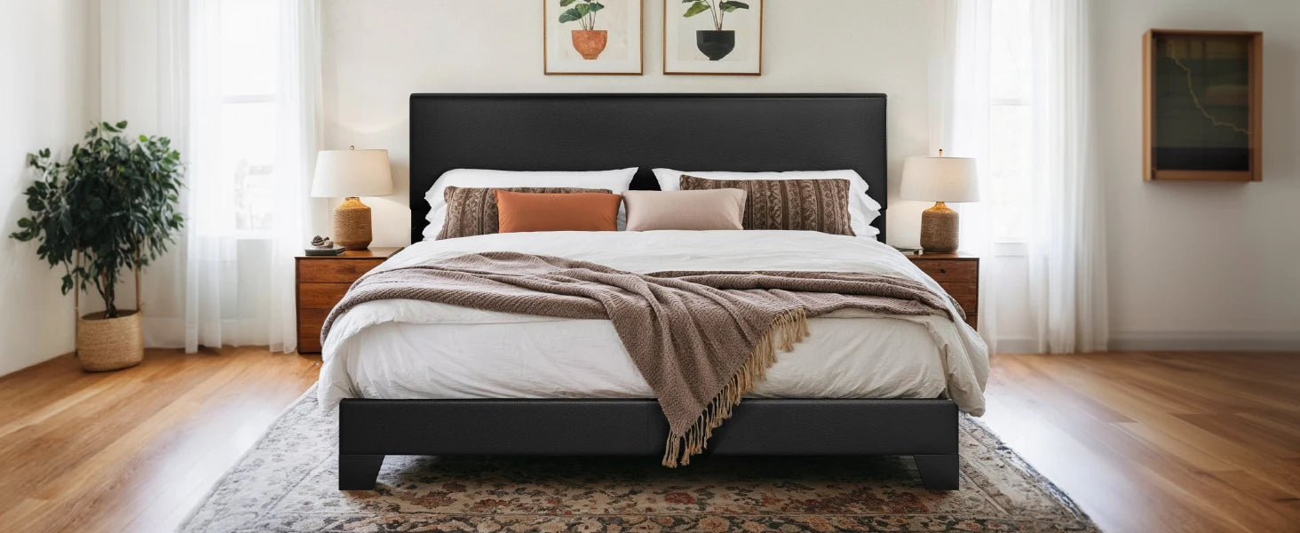 Bed Frame with Adjustable Headboard, Soft Linen Fabric, Strong Supporting Structure