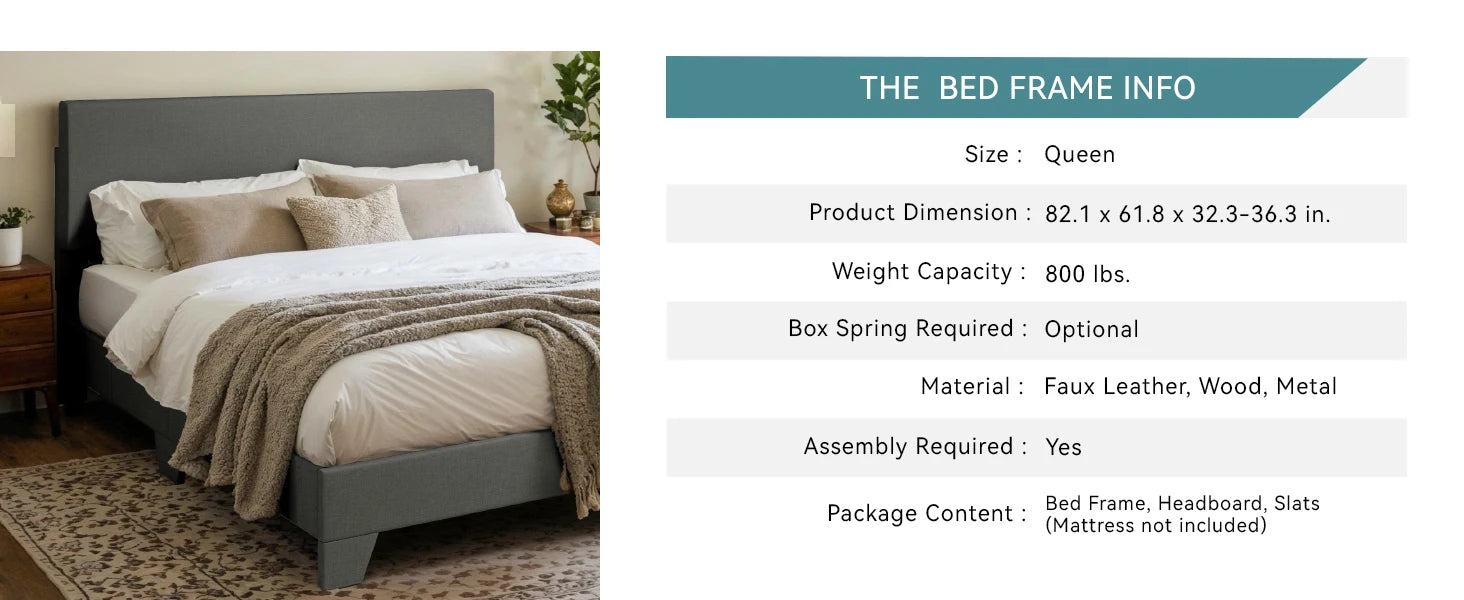 Bed Frame with Adjustable Headboard, Soft Linen Fabric, Strong Supporting Structure