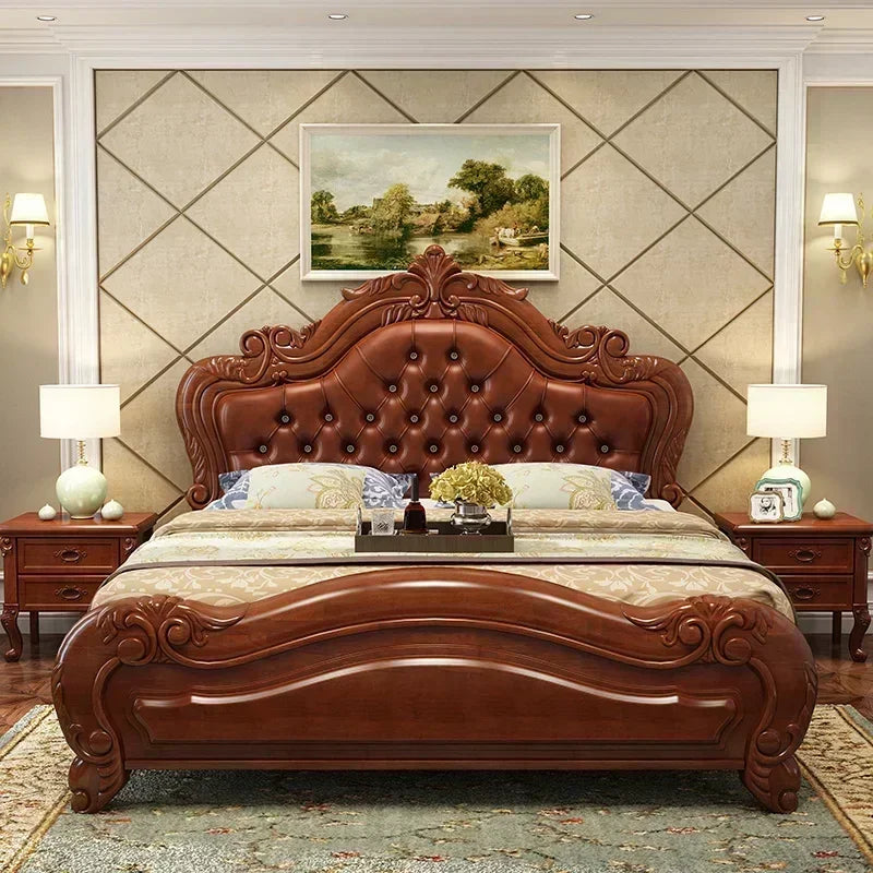 Unique Luxury Genuine Leather  Wood Bed