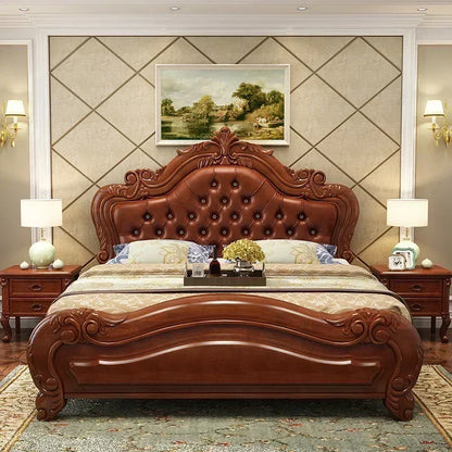 Unique Luxury Genuine Leather  Wood Bed