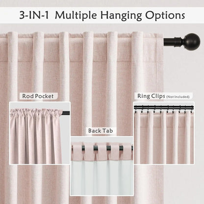 100% Blackout Curtains for Living Room - Darkening Rod Pocket - Pink Linen - 48 Inch Long 2 Panels