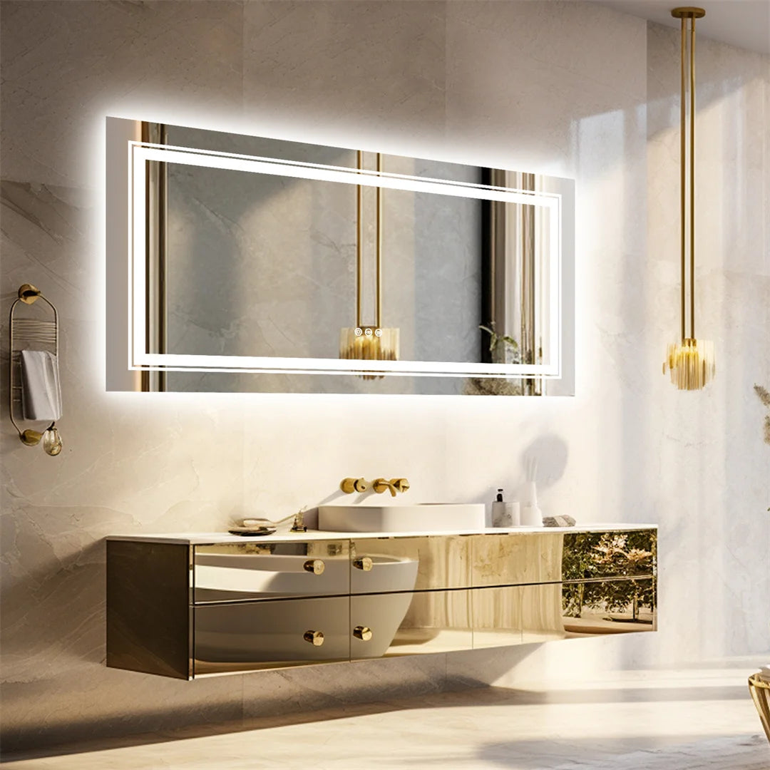 Large Dimmable LED Illuminated Bathroom Mirror with 3 Color Lights