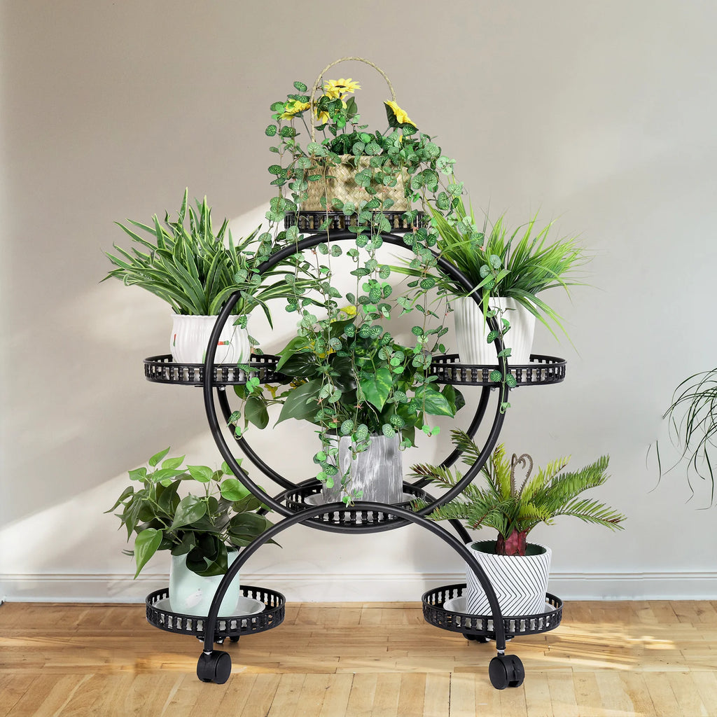 6-Pot Metal Plant Stand with Wheels Indoor/Outdoor