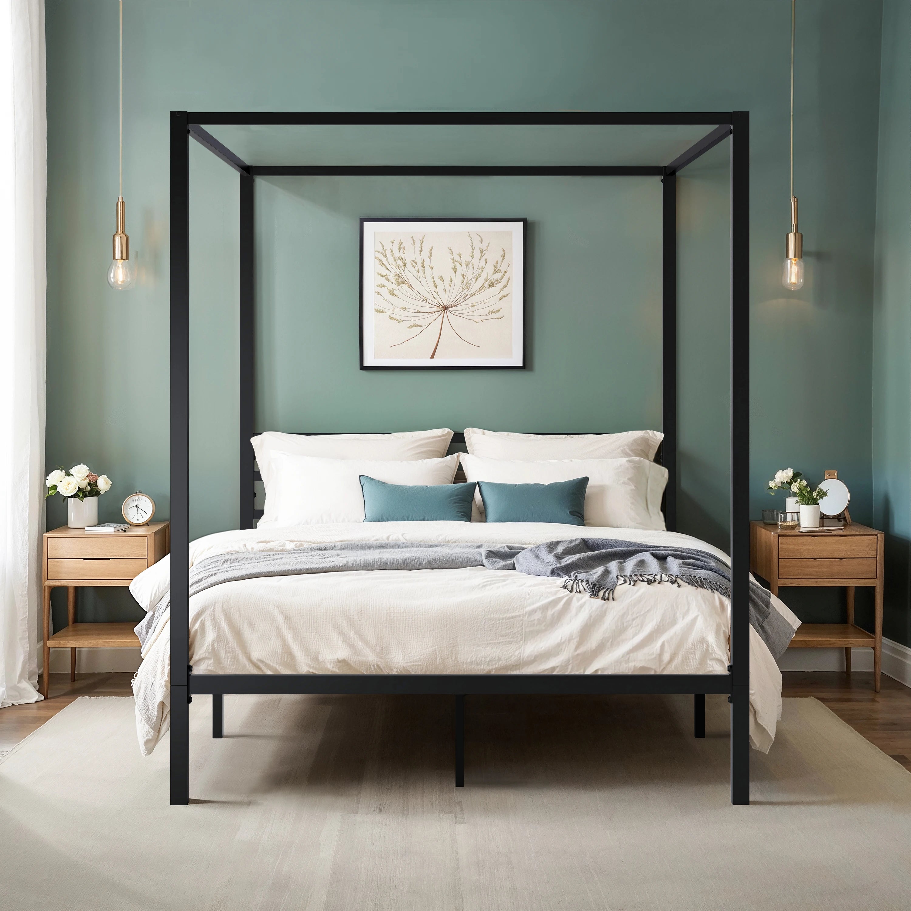 4-Poster Canopy Bed Frame with 3-Metal Crossbars - No Box Spring Needed