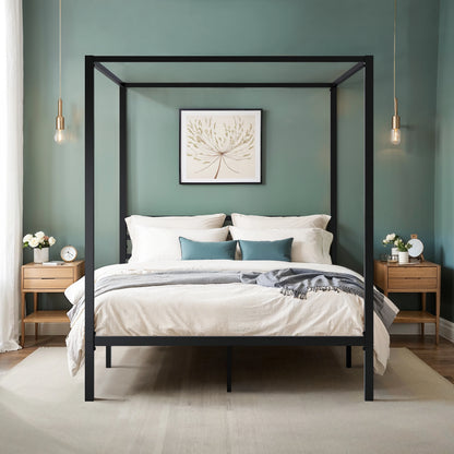 4-Poster Canopy Bed Frame with 3-Metal Crossbars - No Box Spring Needed