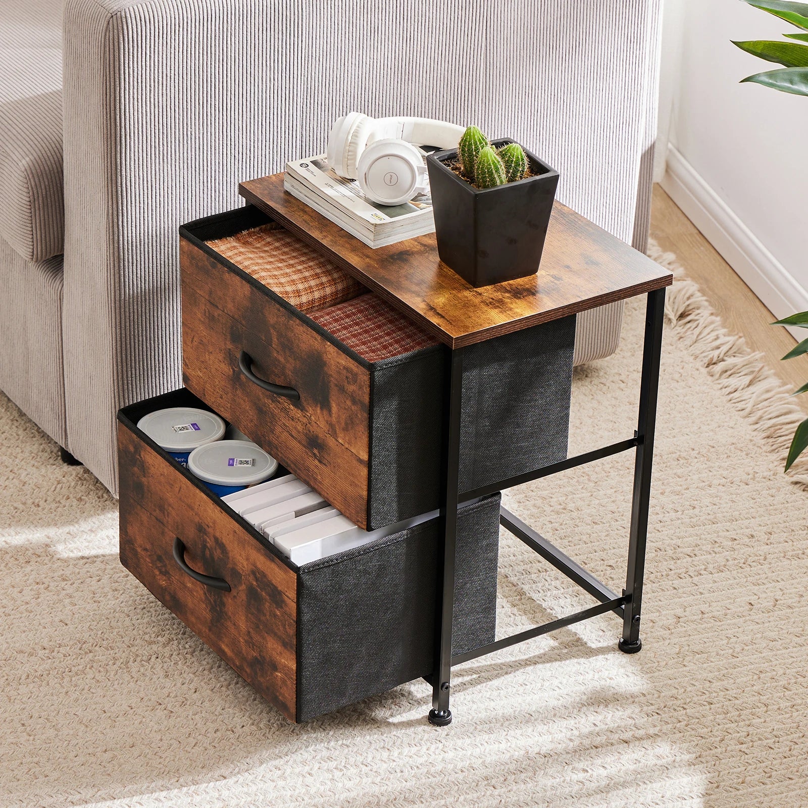 Bedside Nightstand Table with 2 Fabric Drawers