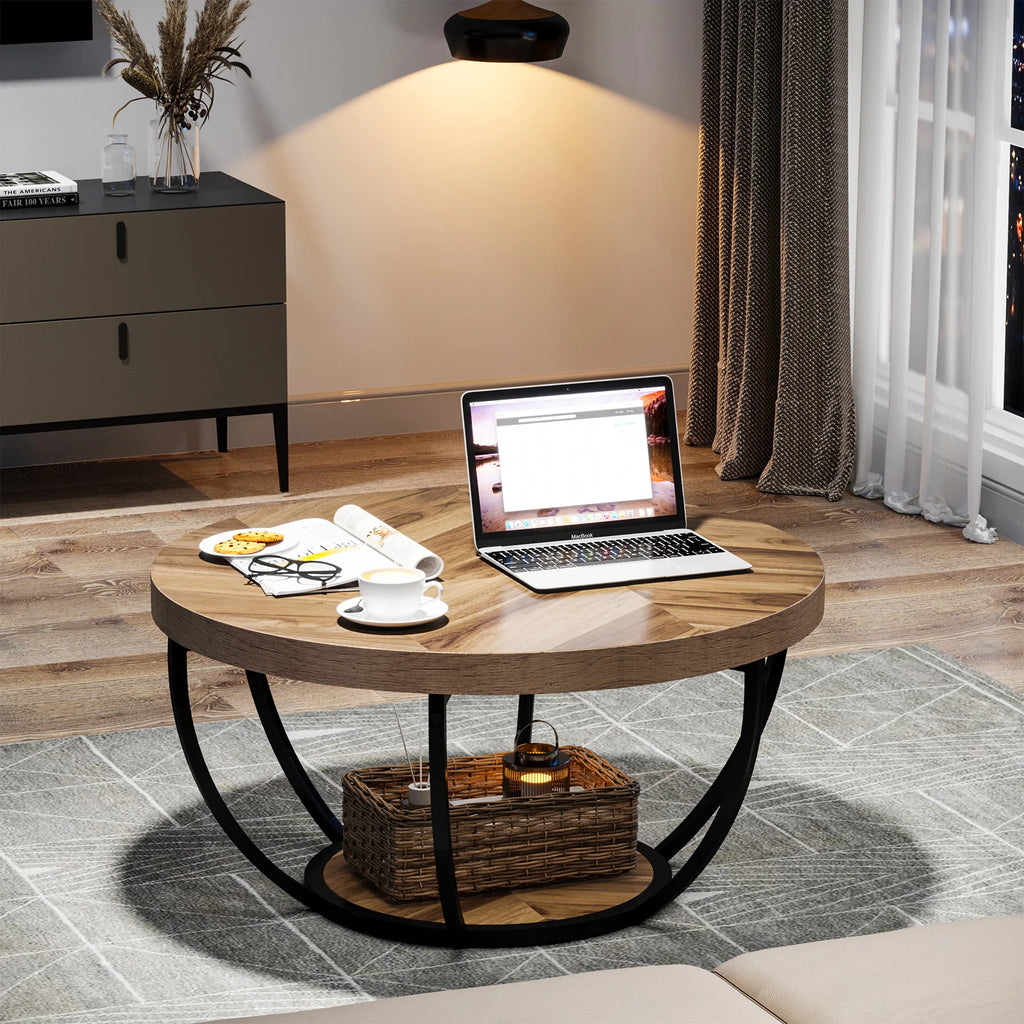 Round 2-Tier Coffee Table with Storage Shelves
