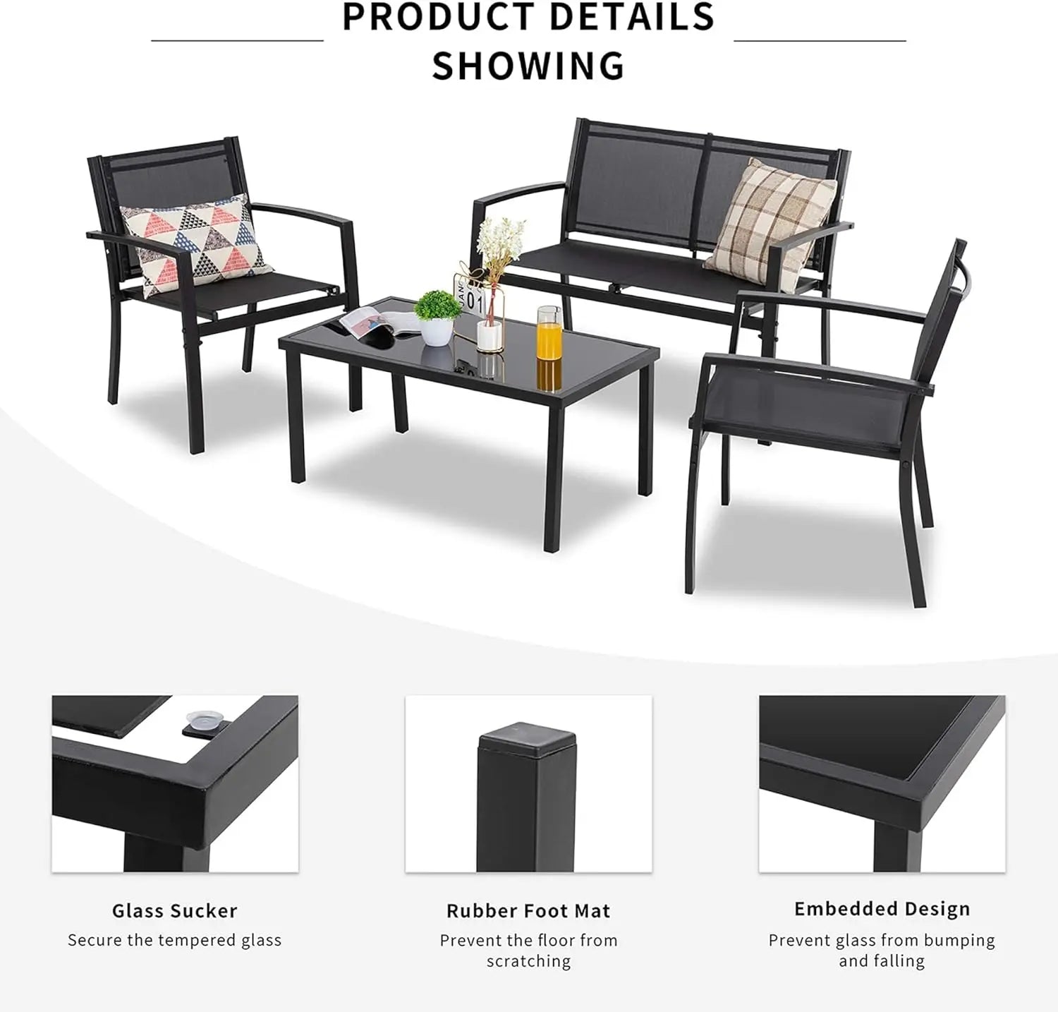 4-Piece Outdoor Patio Set with Loveseat, 2 Chairs &amp; Glass Table