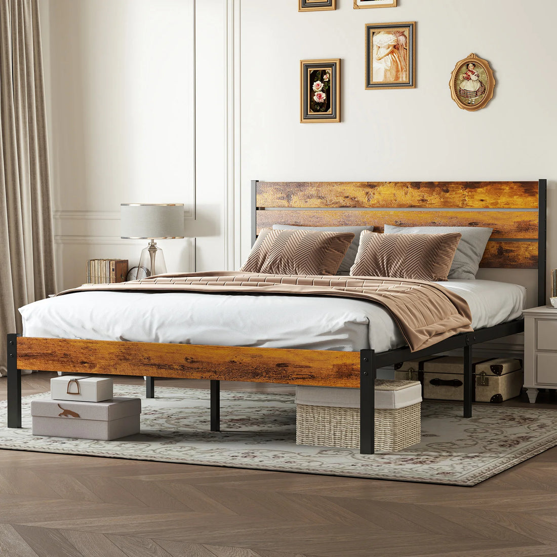 Wooden Headboard and Metal Platform Bed Frame - No Box Spring Needed - 700LBS capacity with sturdy Wooden Slats
