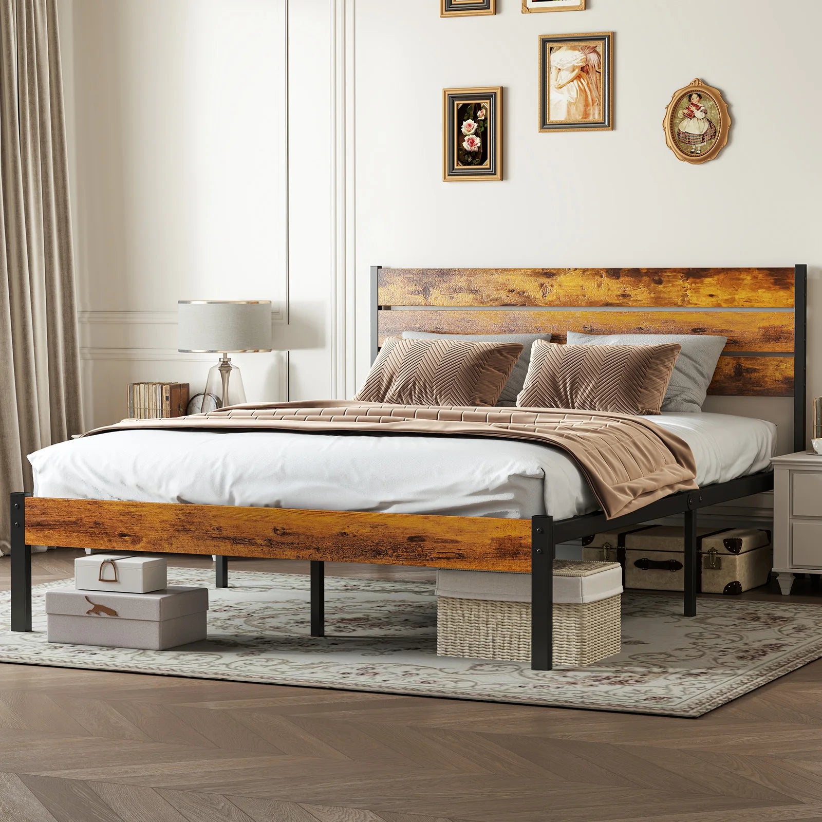 Wooden Headboard and Metal Platform Bed Frame - No Box Spring Needed - 700LBS capacity with sturdy Wooden Slats