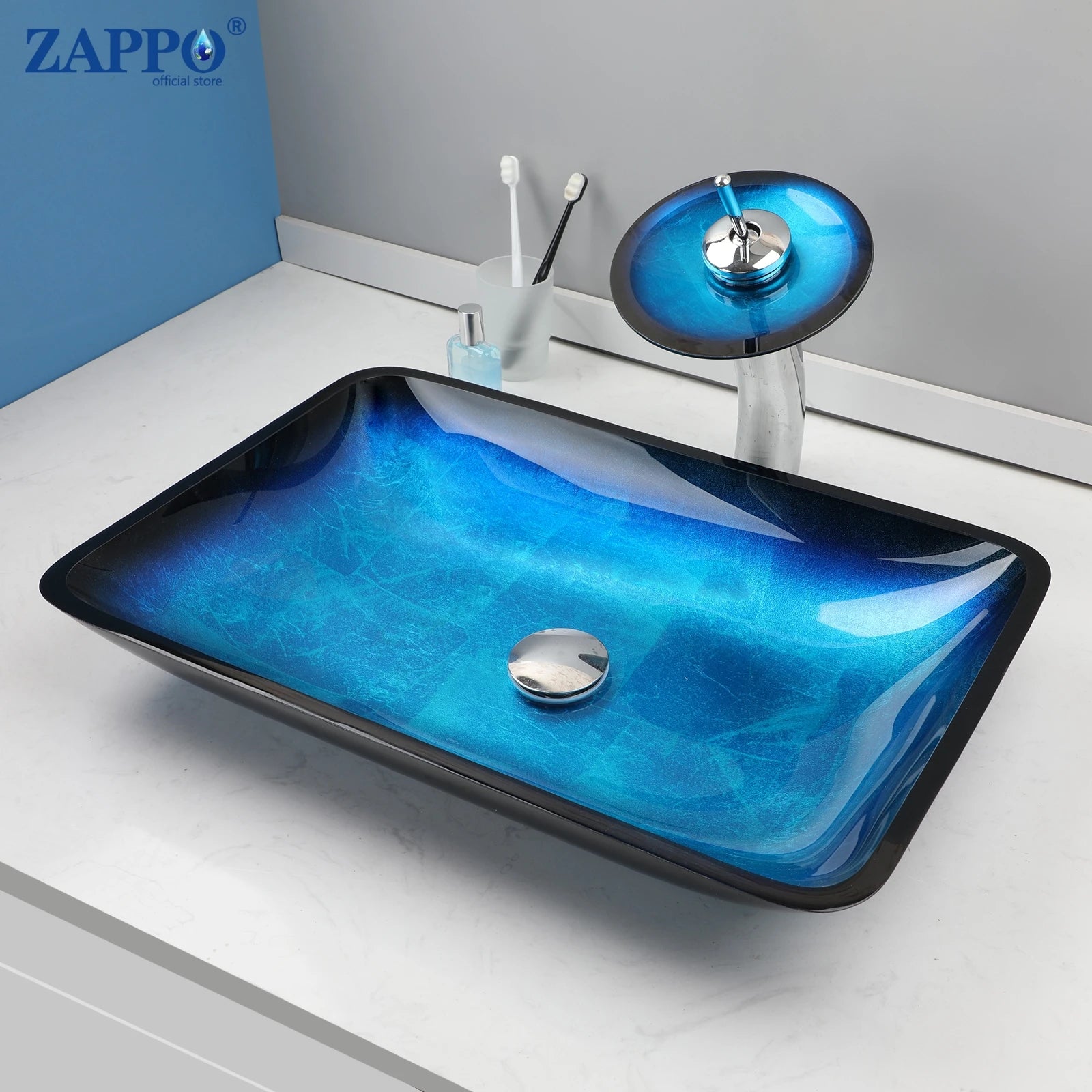 Tempered Glass Bathroom Sink with Waterfall & Black Faucet