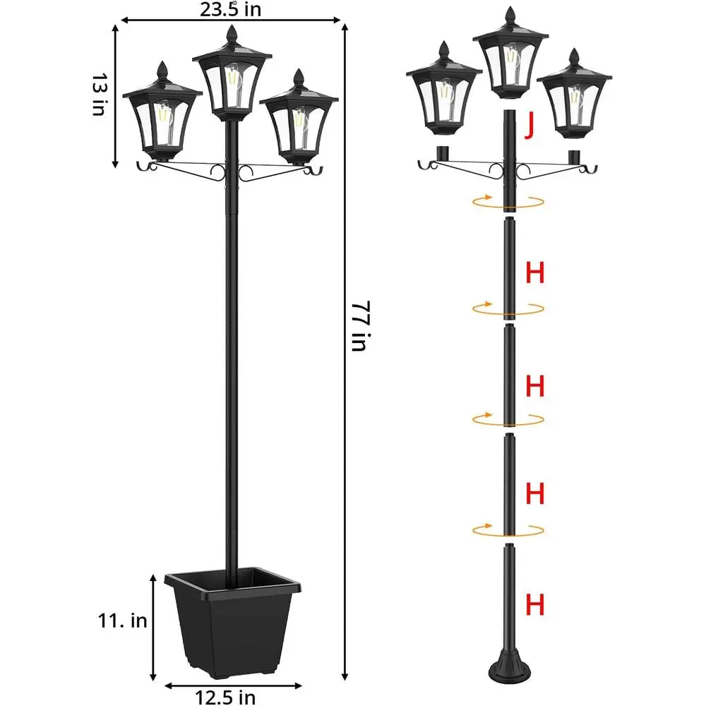 3-Head 77" Waterproof Metal Solar Lamp Post Light - 200 Lumens