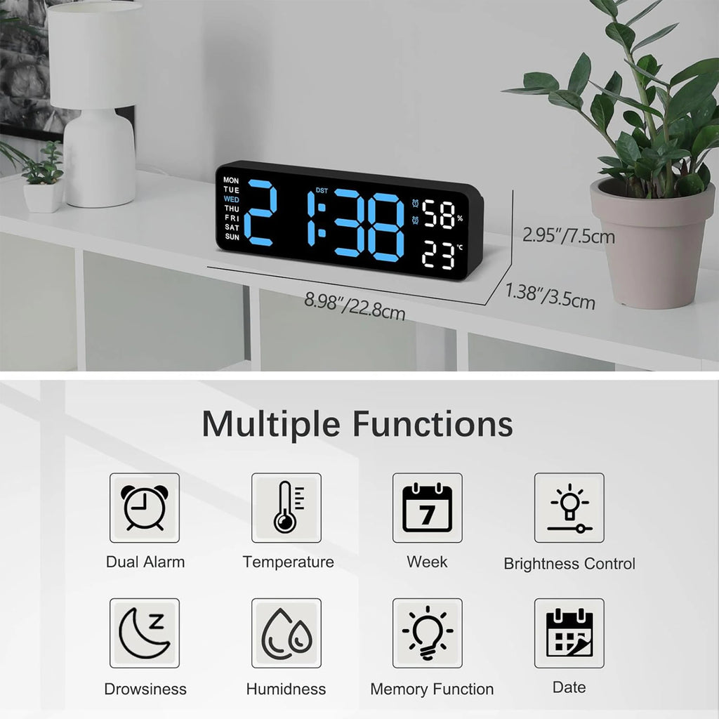 9" Digital LED Smart Wall Clock with Temperature & Humidity