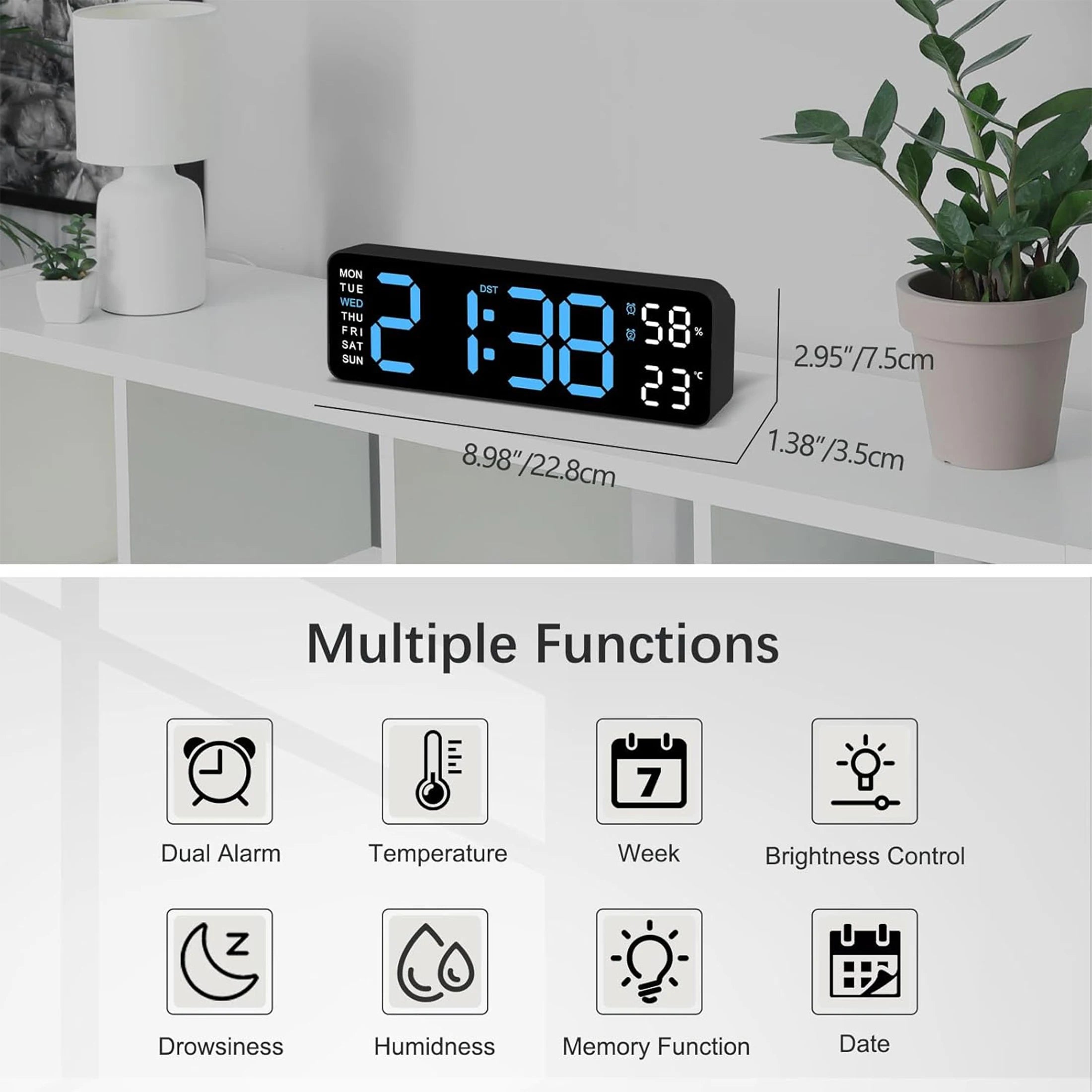 9" Digital LED Smart Wall Clock with Temperature & Humidity