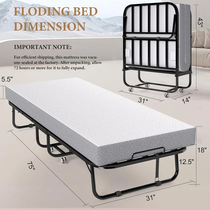Portable Twin Rollaway Folding Bed with Memory Foam Mattress - Guest Bed on Wheels