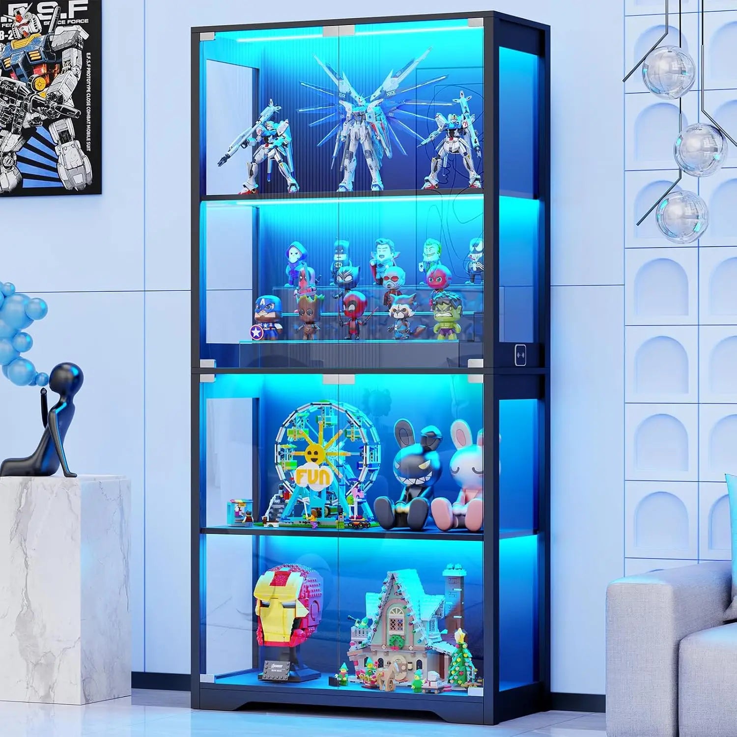 Display Cabinet with Glass Doors, 4-Tier Curio Cabinet with 3 Color Lights for Collectibles